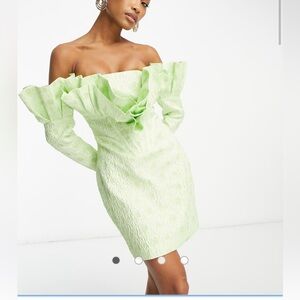 ASOS LUXE jacquard bardot fan top long sleeve mini dress in green print US 12